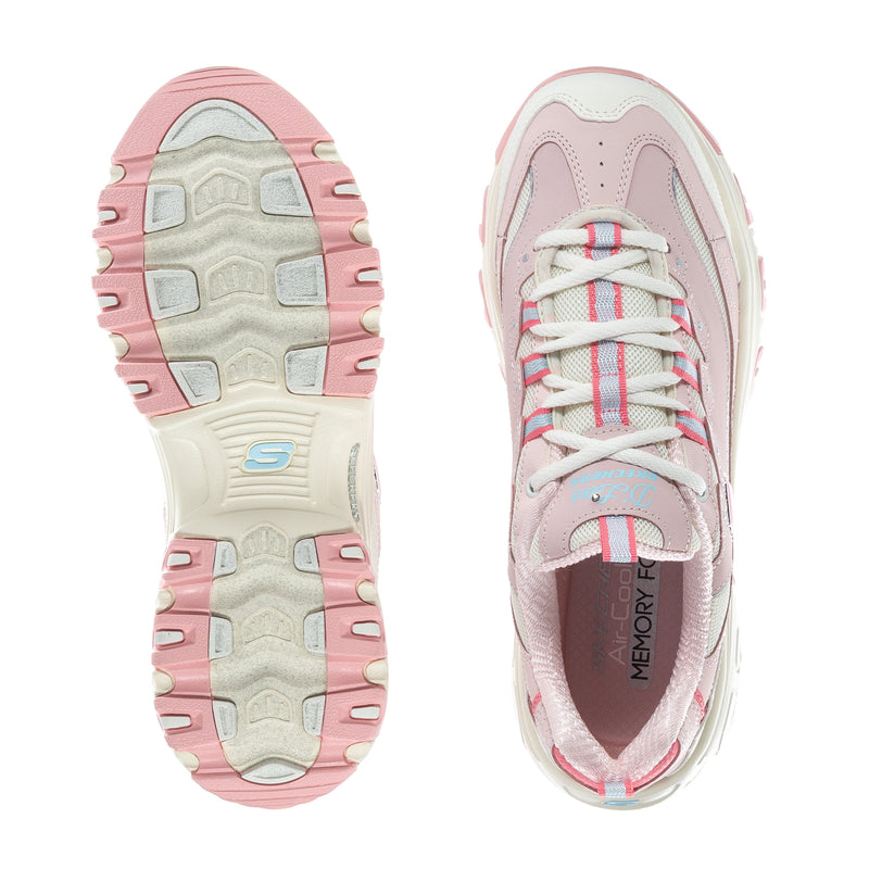 Women’s light pink sneakers shown with outsole tread and off-white interior lining