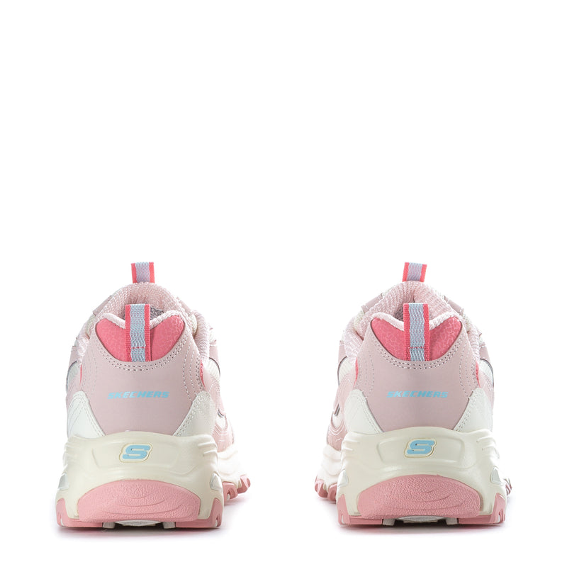 Women’s light pink lace-up sneakers, back view with padded collar and off-white sole