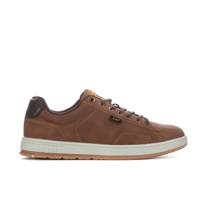 Men's lace-up sneakers in tan and chocolate with white rubber sole.