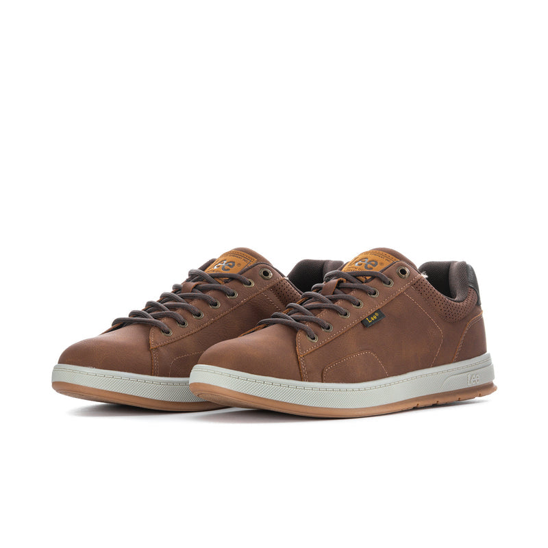 Men's lace-up sneakers, tan uppers with chocolate panels and white sole.