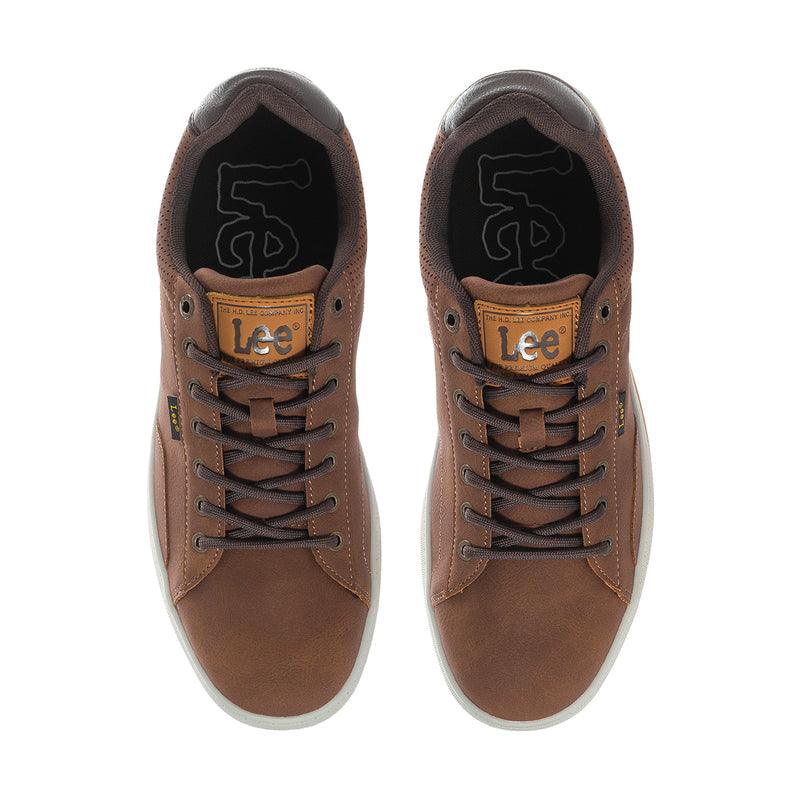 Men's lace-up sneakers: tan uppers with dark laces and Lee logo on tongue.