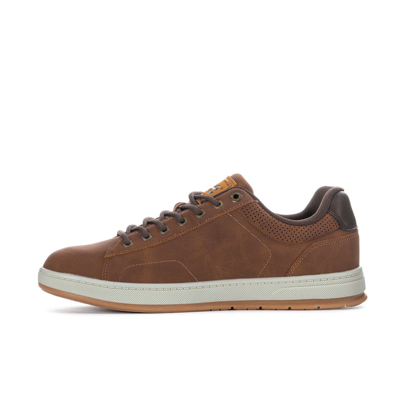Men's low-top lace-up sneakers in tan with chocolate accents and white sole.