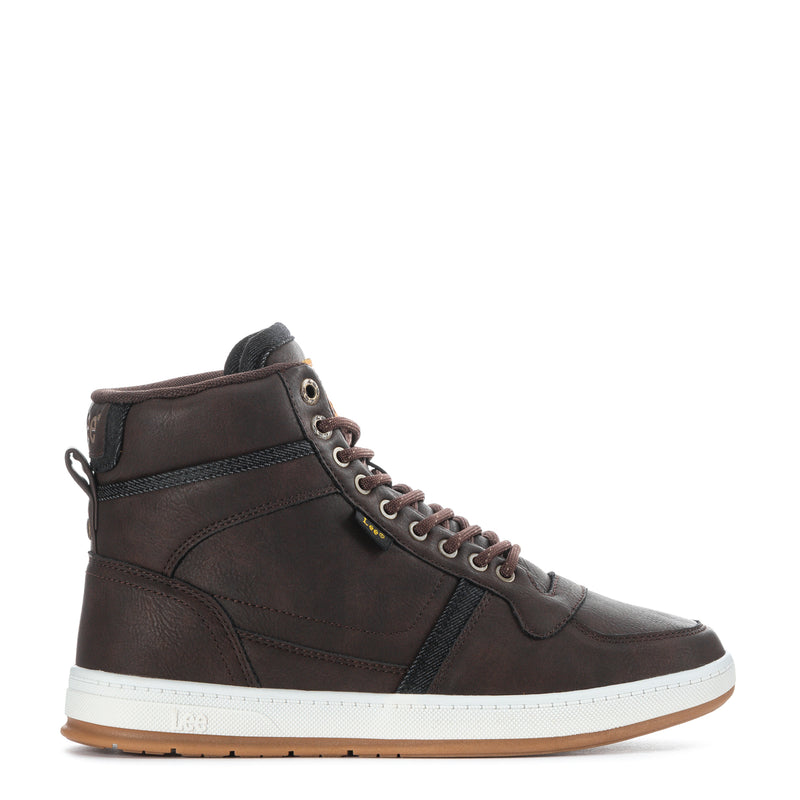Dark brown men's high-top lace-up boots with side stripe and white rubber sole.
