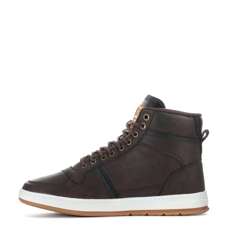 Dark brown men's high-top lace-up boot, angled side view with white midsole.