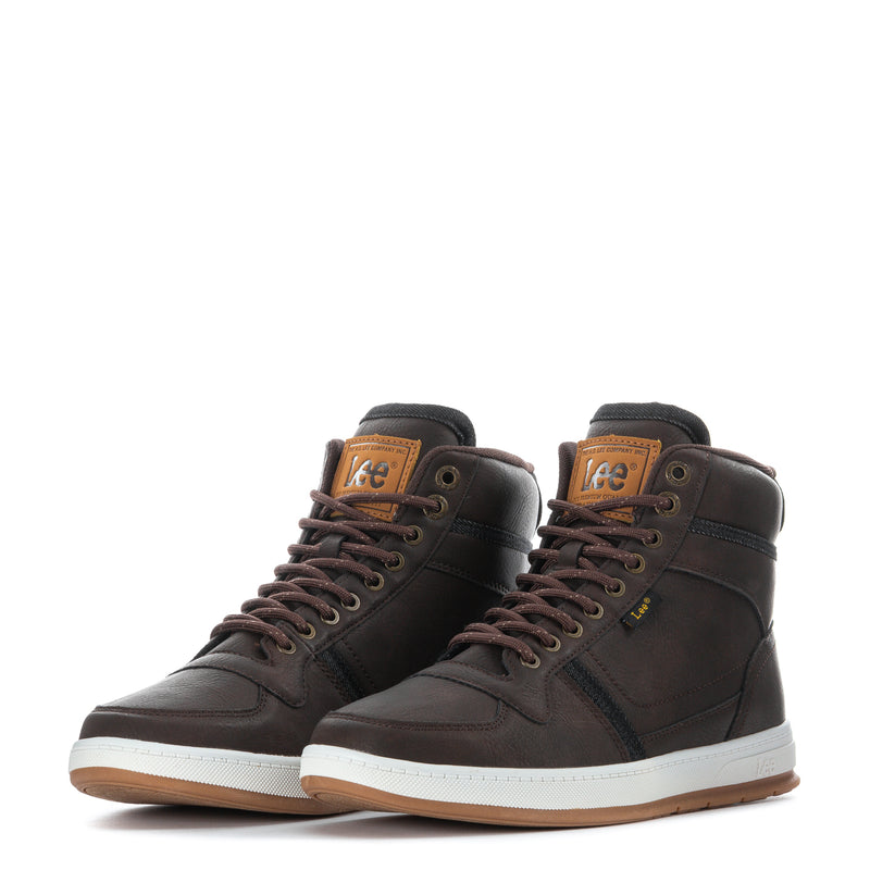 Pair of dark brown men's high-top lace-up boots with white midsoles and tan outsole.