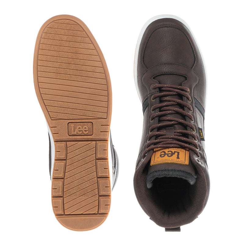 Men's dark brown boot outsole and side profile, lace-up with Lee logo on tongue.