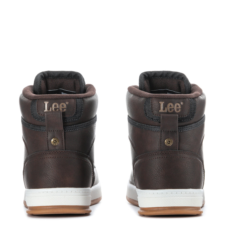 Back view of men's dark brown high-top lace-up boots with Lee branding and white sole.