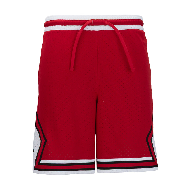 Red men’s basketball shorts with elastic waistband, drawstring, and striped trim
