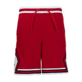 Red men’s basketball shorts with elastic waistband, drawstring, and striped trim