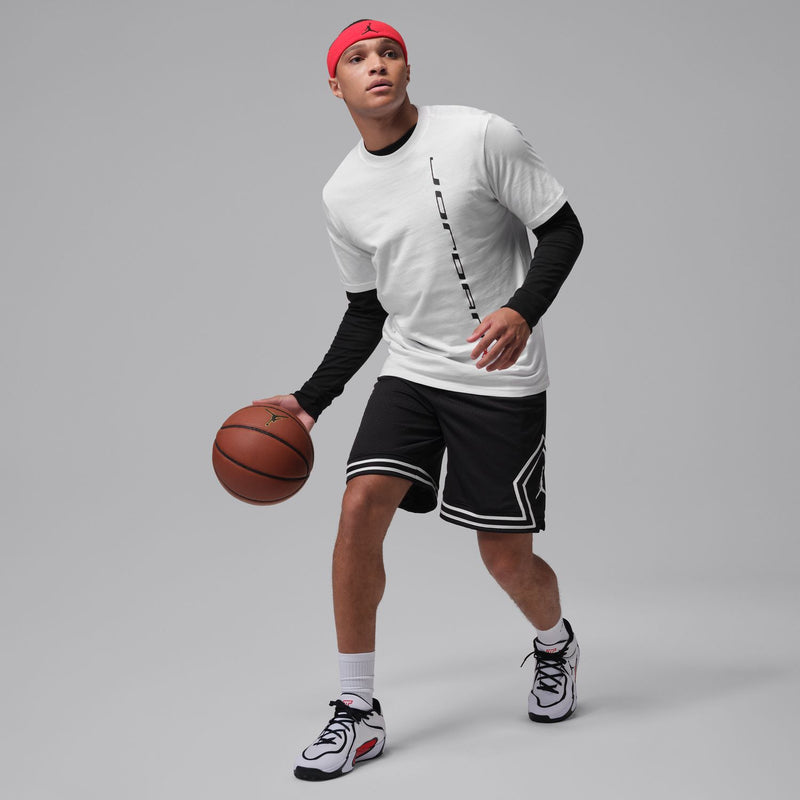 Men's black basketball shorts with contrast white piping and drawstring waist