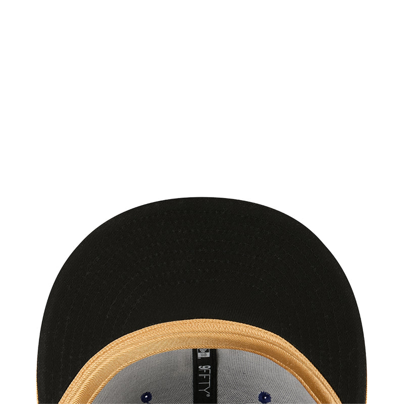 Black baseball cap with gold underside trim on the brim and crown