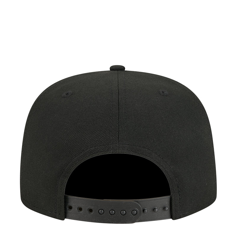 Black baseball cap back view with adjustable snap strap