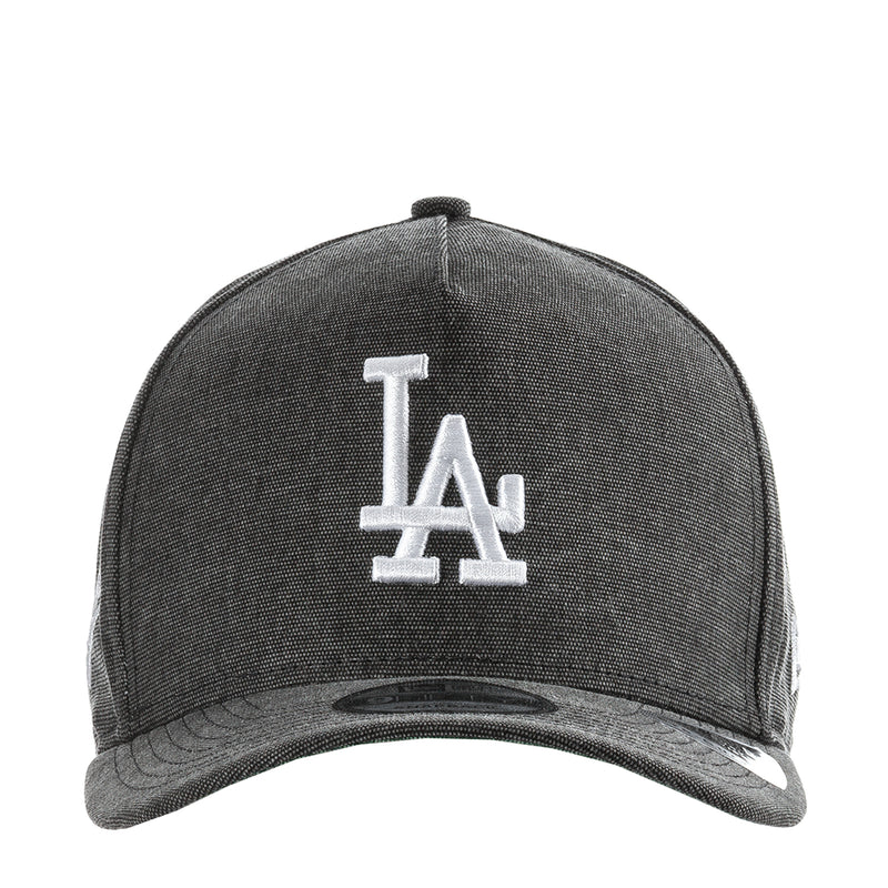 Washed black denim baseball cap with white LA logo on front