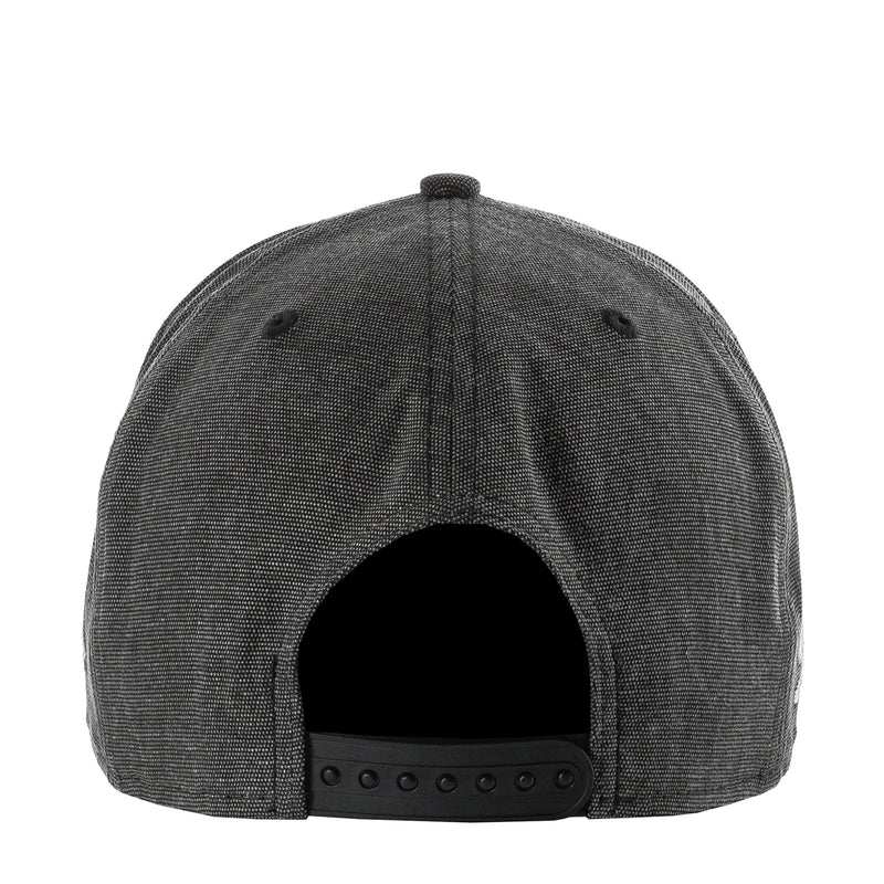 Washed black denim baseball cap back view with adjustable strap