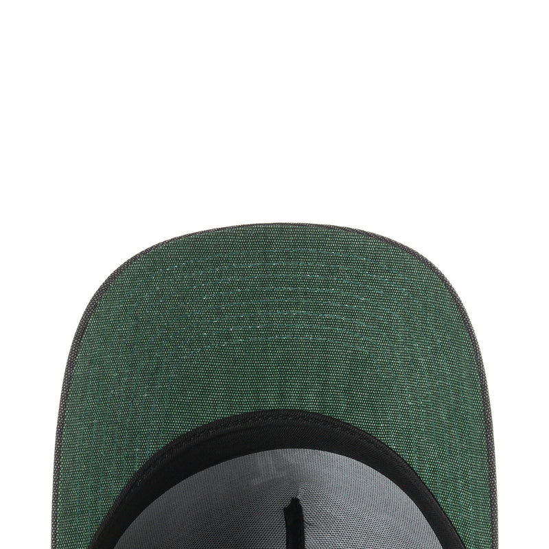 Green denim baseball cap top with black inner brim and stitching