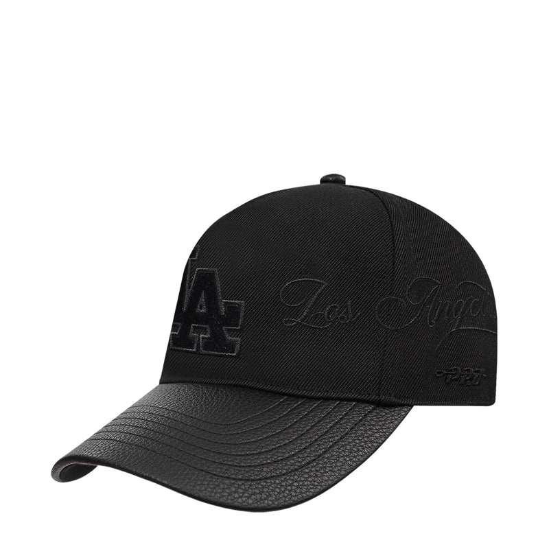 Black snapback cap with side LA logo, Dodgers script, and curved brim