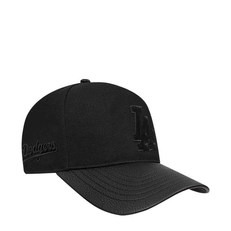 Black snapback cap with Dodgers script on crown and side LA logo