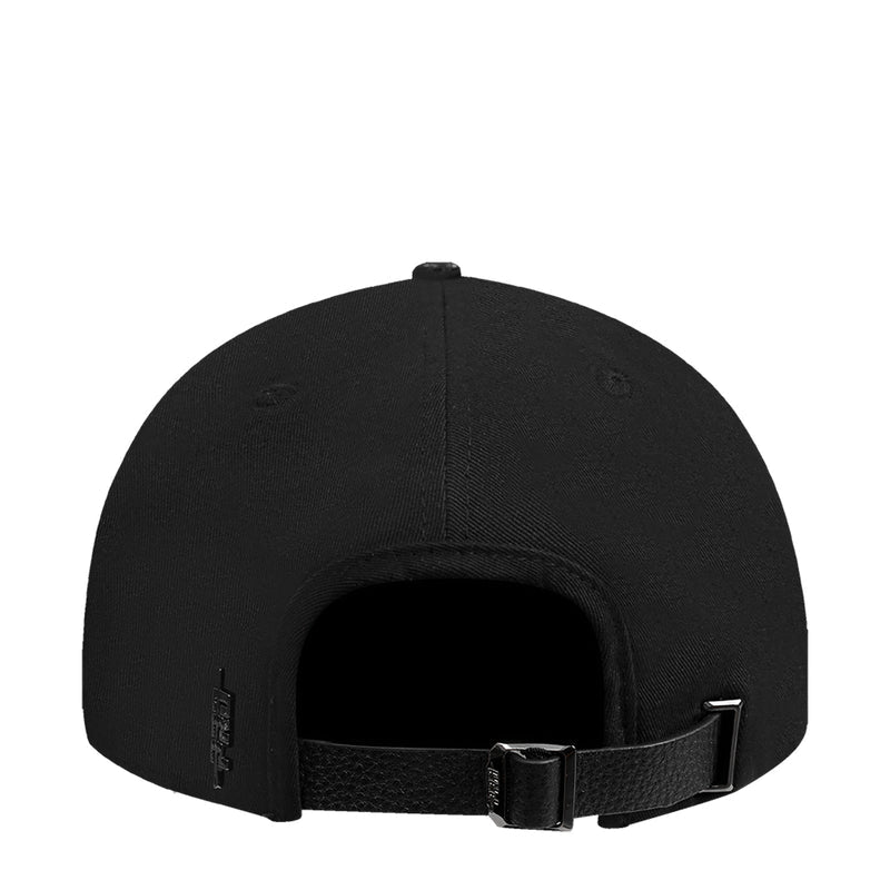 Black snapback hat open view with interior padding and adjustable strap buckle