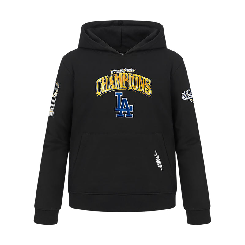 Kids black pullover hoodie with World Series Champions LA graphic on chest