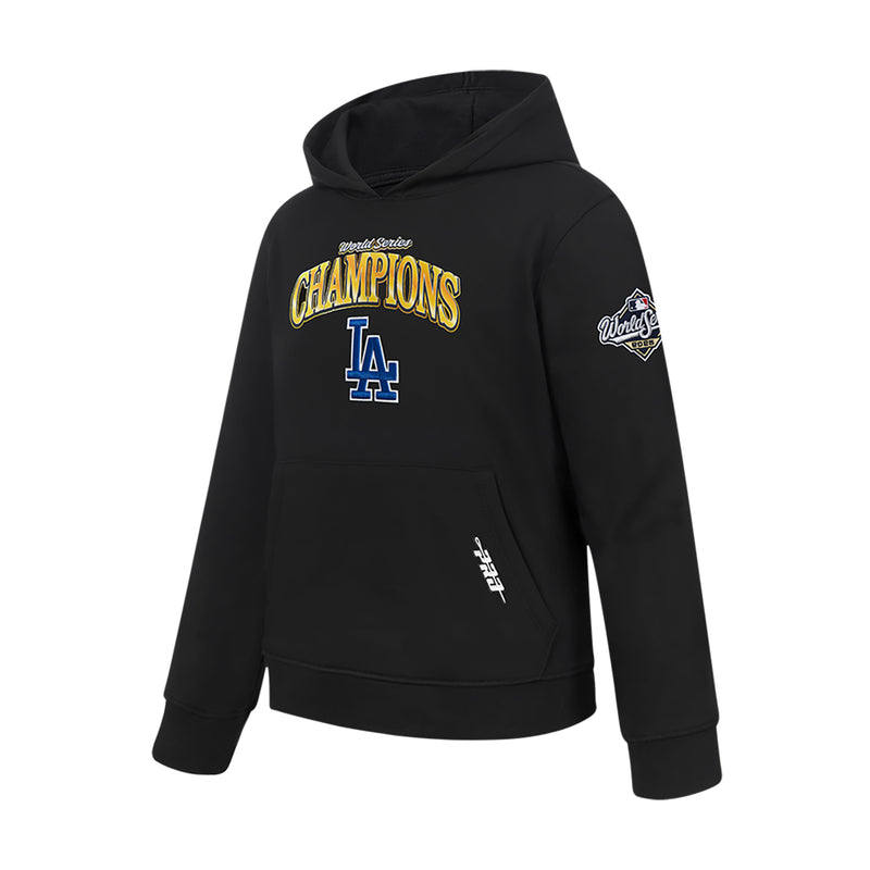Kids black pullover hoodie with Champions logo and sleeve side patch