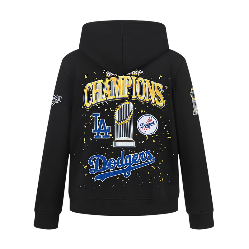 Kids black pullover hoodie with Champions and Dodgers World Series graphic on back