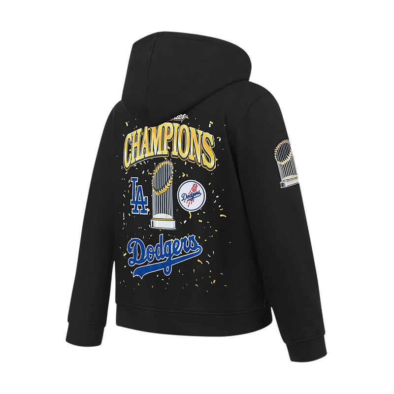 Kids black pullover hoodie with back Champions Dodgers graphic and trophy side badge