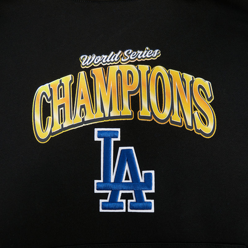 Kids black hoodie close-up of World Series Champions and LA emblem