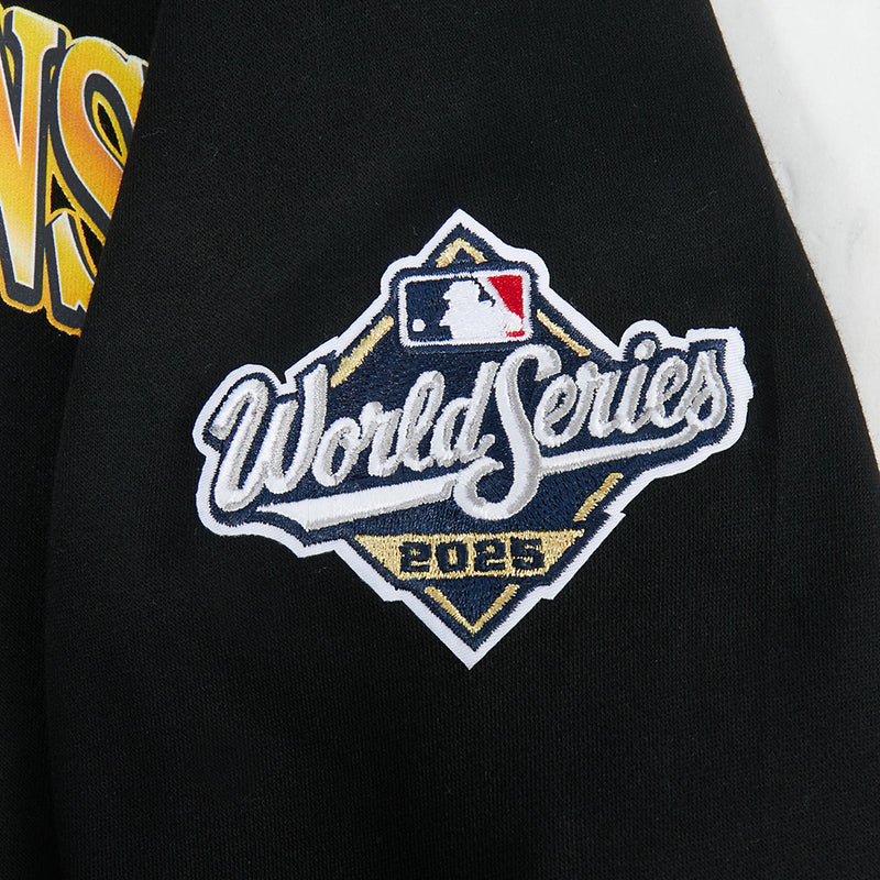 Kids black hoodie close-up of World Series logo patch