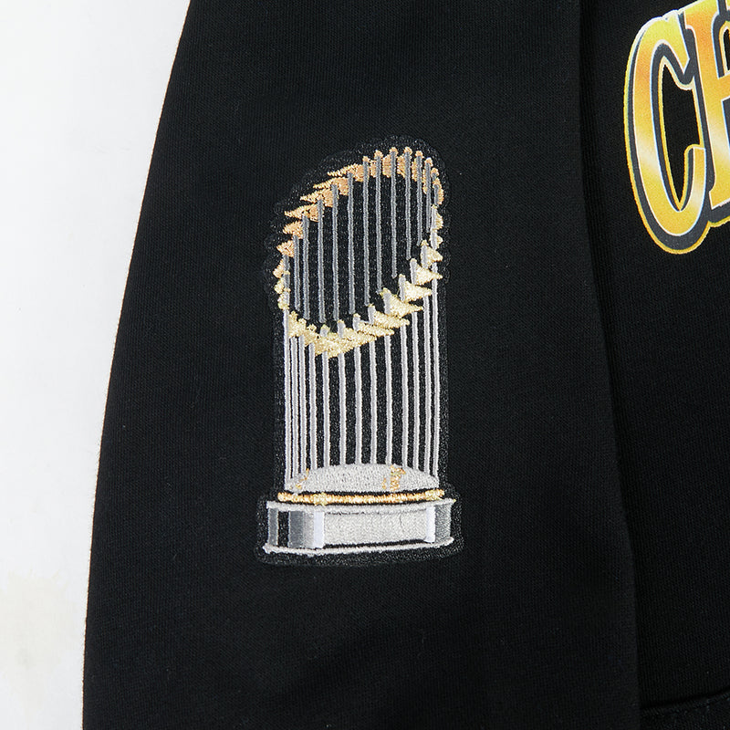 Kids black hoodie close-up of trophy graphic with gold and white stripes