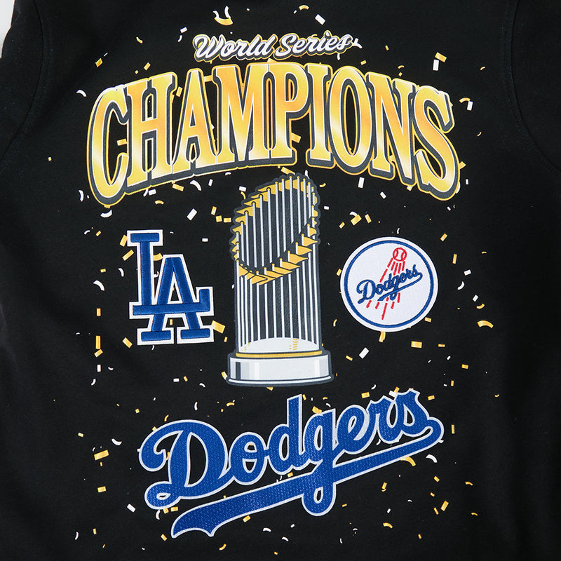 Kids black hoodie close-up of Champions LA, Dodgers text, and World Series trophy