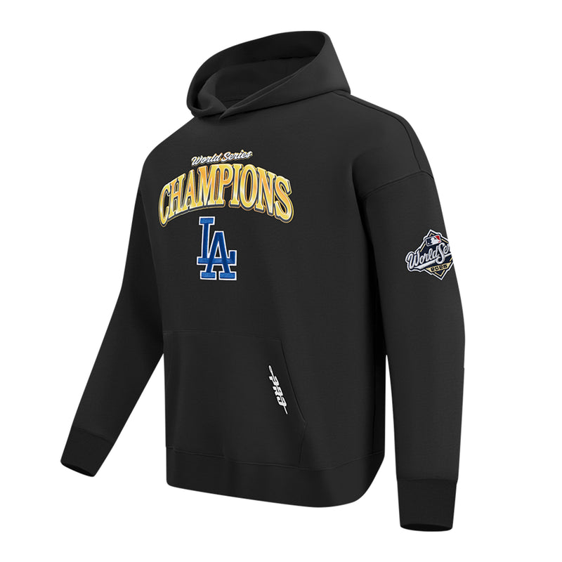Men's black hoodie with World Series Champions chest graphic and right sleeve patch