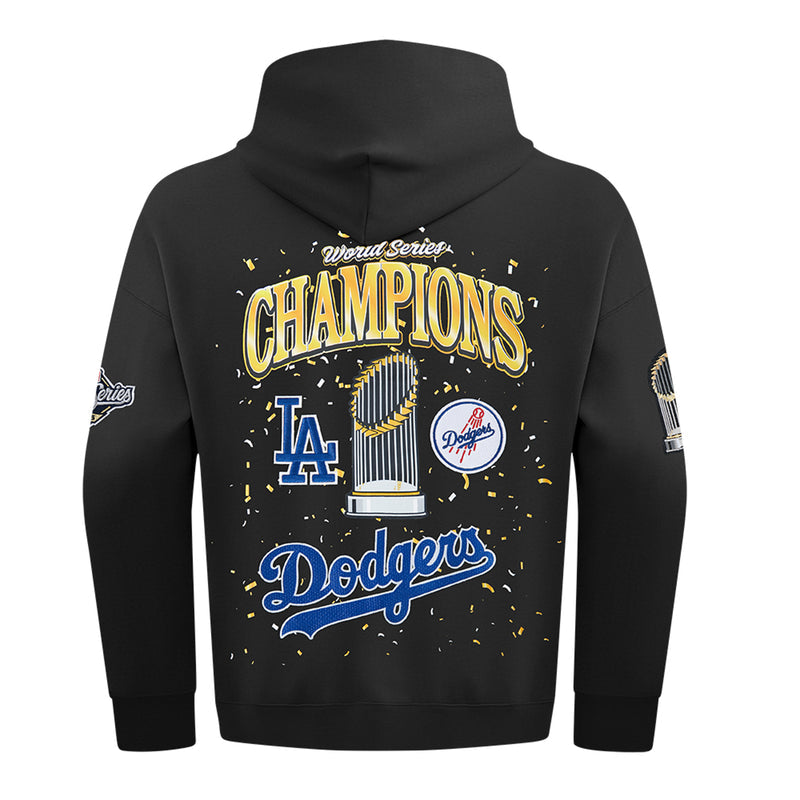 Men's black hoodie with World Series Champions back design featuring trophy and Dodgers