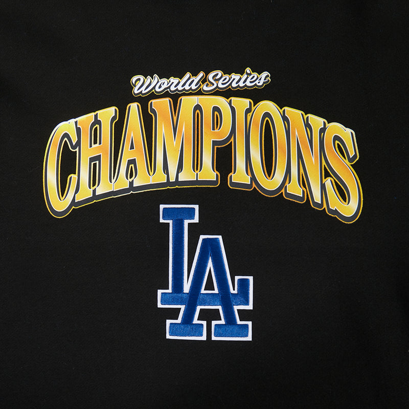 Men's black hoodie close-up of World Series Champions text and large LA logo