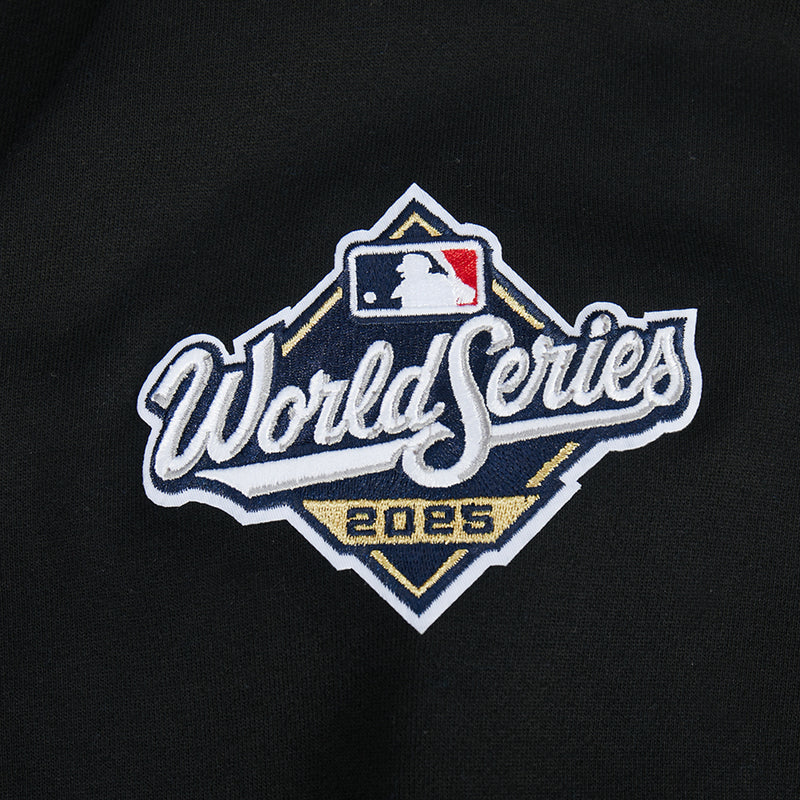 Men's black hoodie close-up of World Series 2025 Dodgers shield logo patch