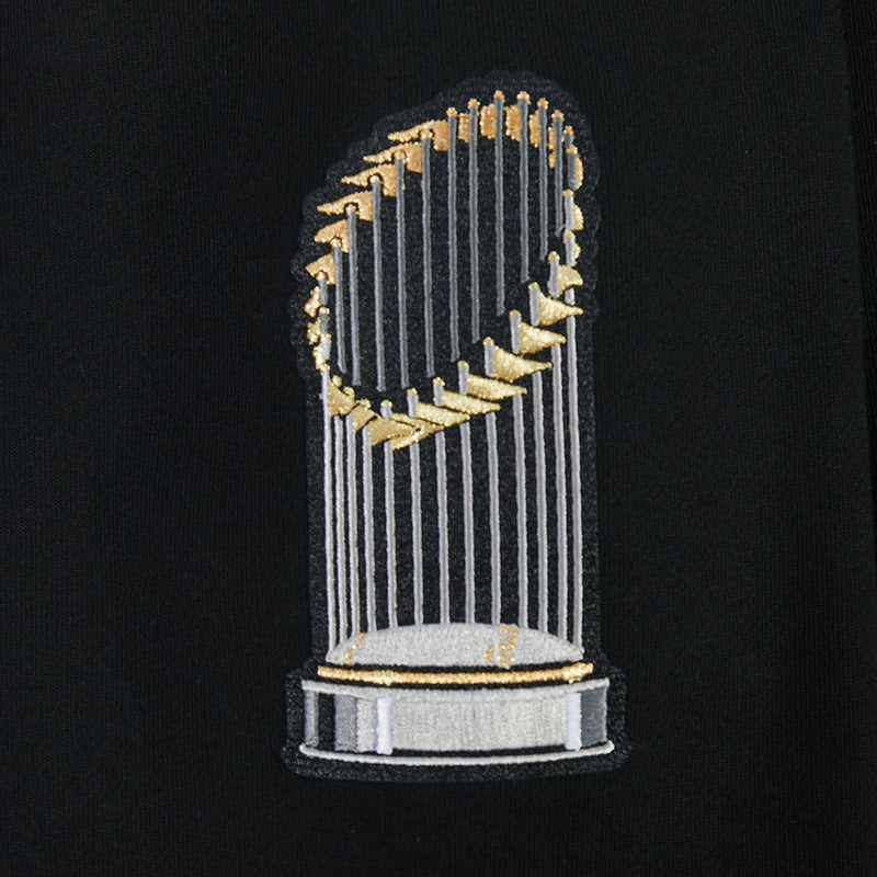 Men's black hoodie close-up of gold and white trophy graphic