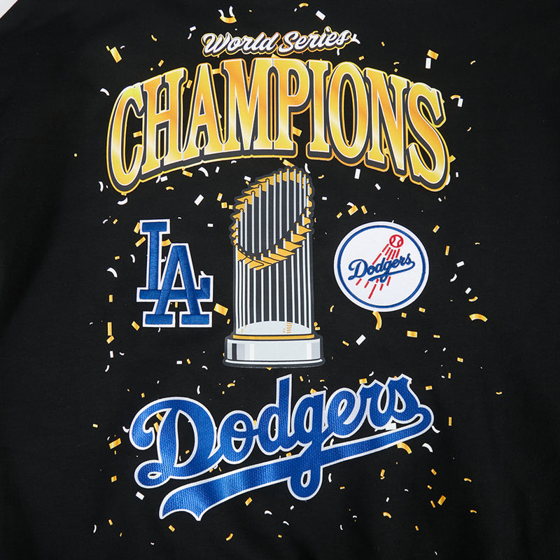 Men's black hoodie close-up of World Series Champions graphic with LA, trophy, and Dodgers