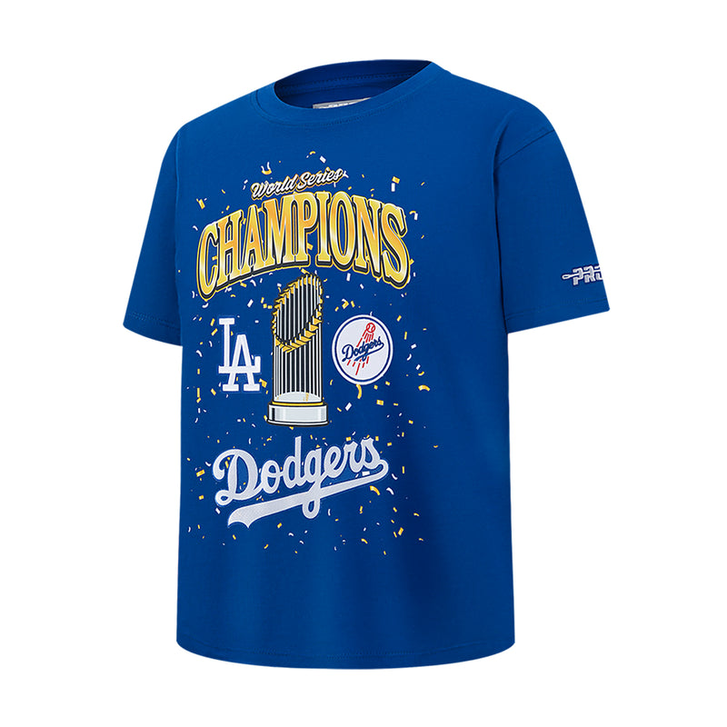 Kids blue graphic T-shirt with Champions Dodgers front and small right-sleeve PRO patch