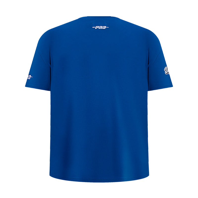 Kids blue T-shirt back view with small PRO logo on upper back