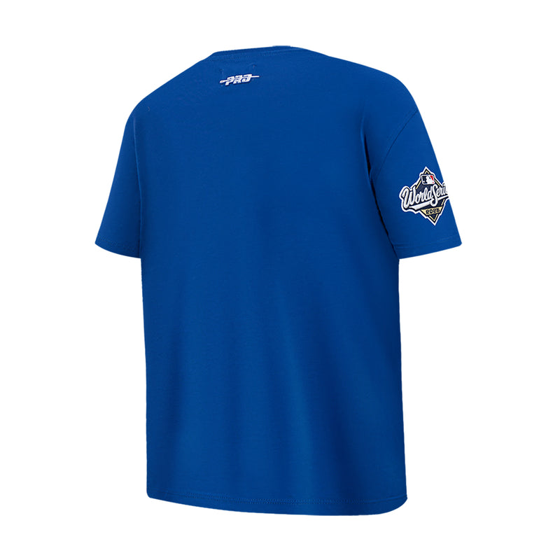 Kids blue T-shirt back view with small PRO logo and right-sleeve World Series patch