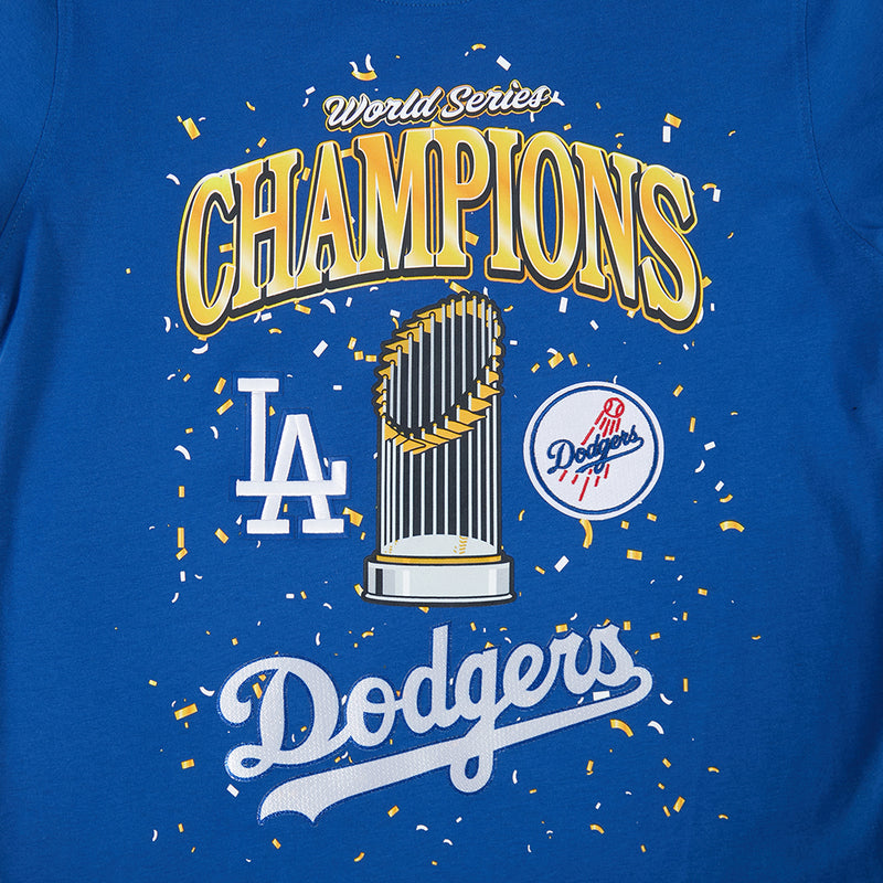 Kids blue T-shirt close-up: World Series Champions Dodgers trophy and LA logos