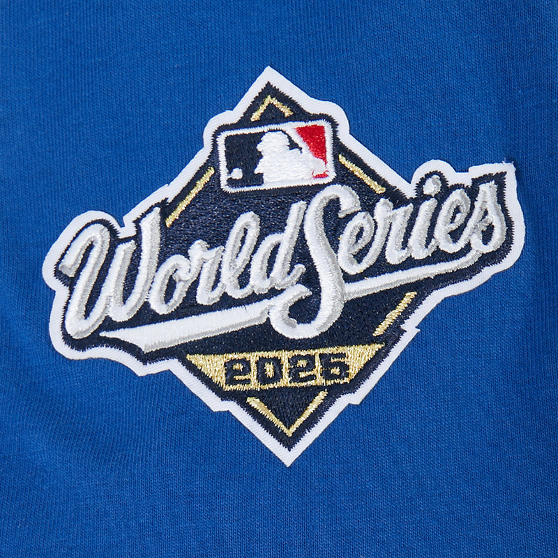 Kids blue T-shirt close-up of World Series logo patch with Dodgers baseball icon