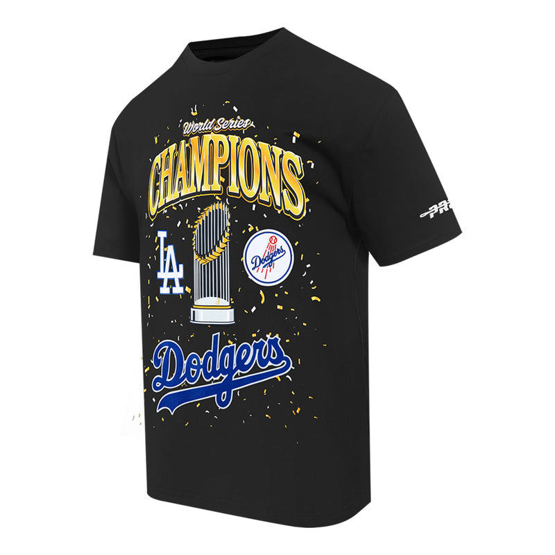 Men's black tee with front Champions graphic and short sleeve logo detail