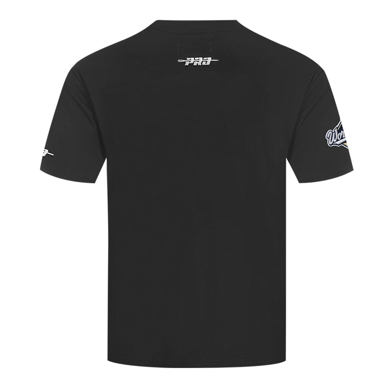 Men's black tee back view with small PRO logo and Dodgers sleeve patch