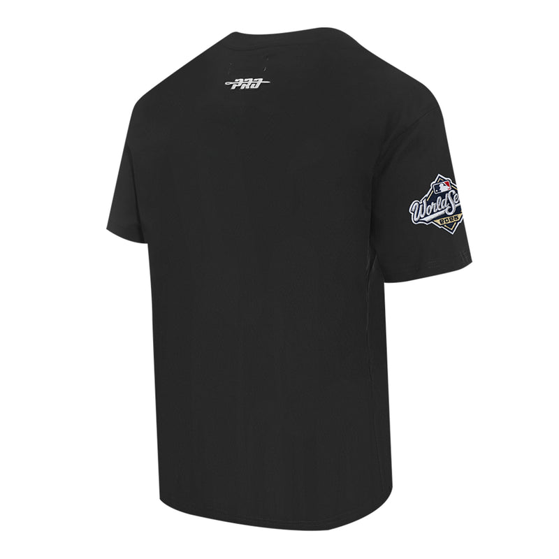 Men's black tee back view with Dodgers World Series sleeve logo