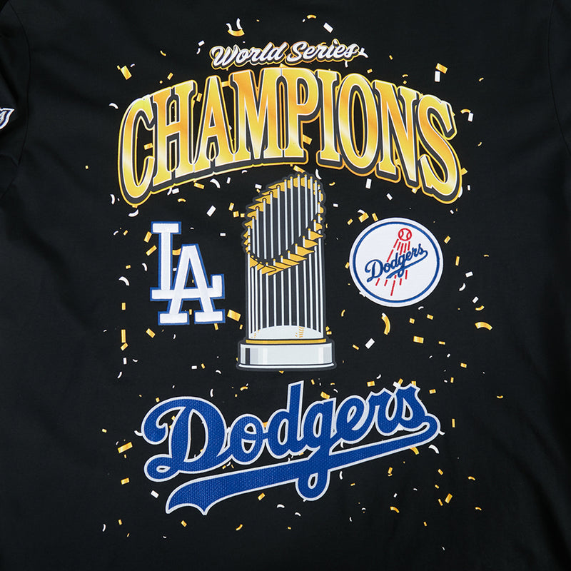 Men's black tee close-up of World Series Champions Dodgers front print