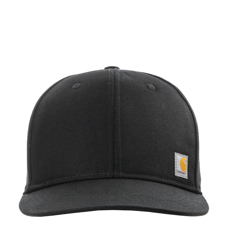 Black firm duck flat-brim cap with small Carhartt logo patch on side