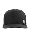 Black firm duck flat-brim cap with small Carhartt logo patch on side