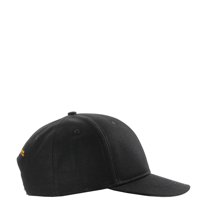 Black flat-brim cap, low profile with embroidered Carhartt mark on side