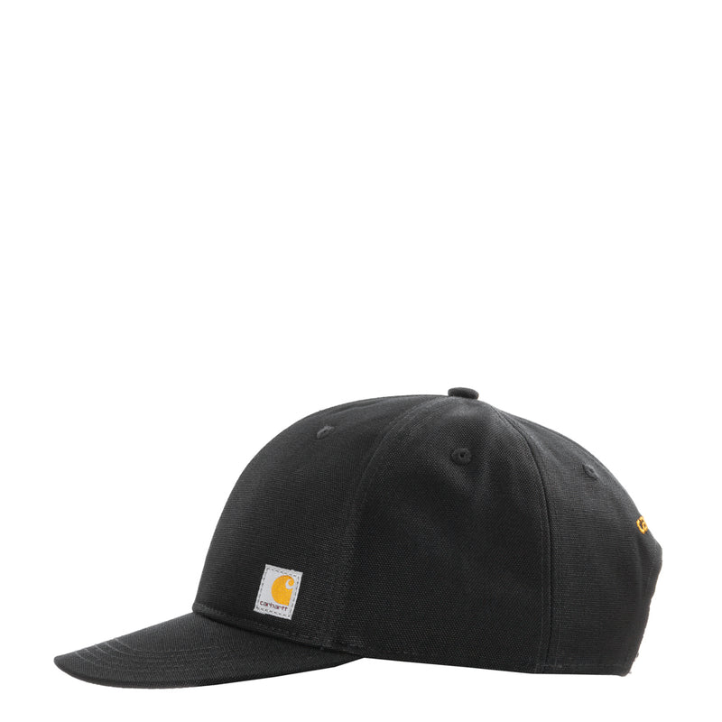 Black flat-brim cap with square Carhartt patch near front panel