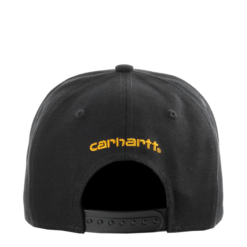 Black cap with Carhartt yellow logo on back and metal eyelet strap